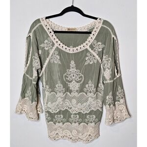 Democracy Boho Embroidered Crochet Lace Top Sage green Bell Sleeve Womens Small‎